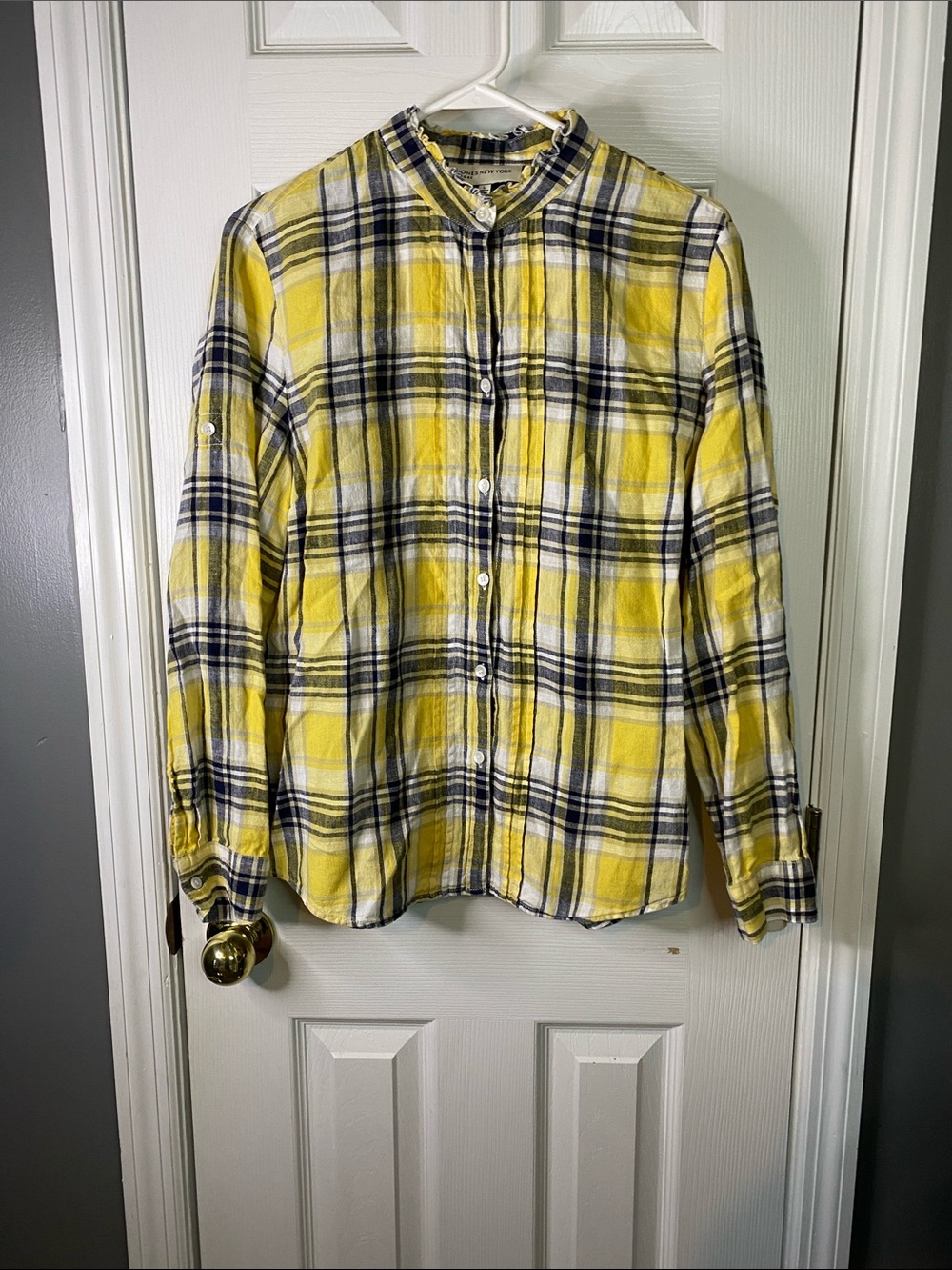 Jones New York Yellow and White Plaid Button-Down Shirt Size Large Women’s.